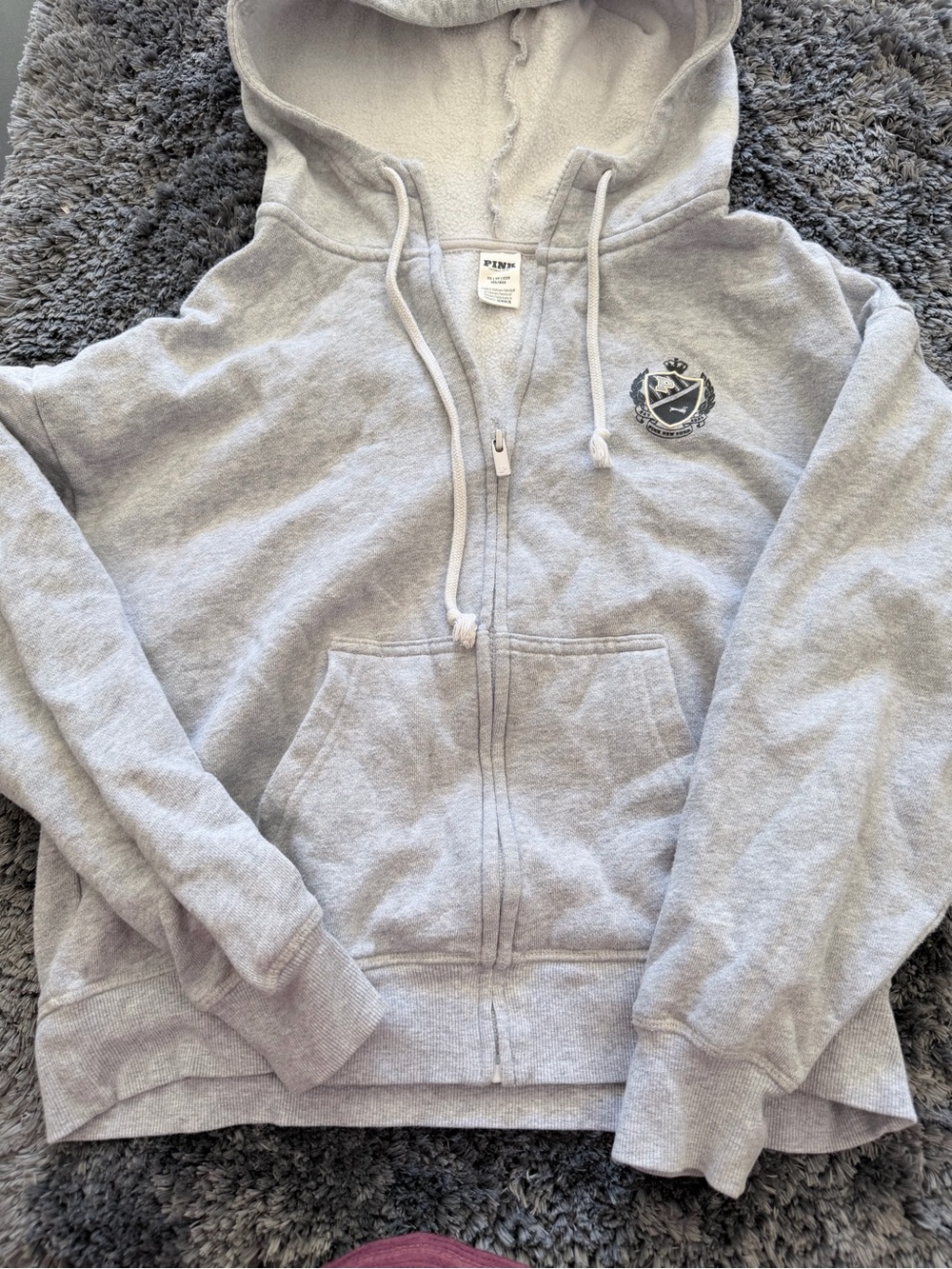 PINK Victoria's Secret Light Gray Zip-Up Hoodie with Crest